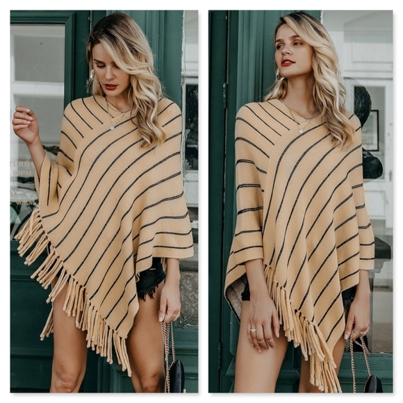 Striped Tan Faux Wrap Tassels Poncho - Picture 3 of 8